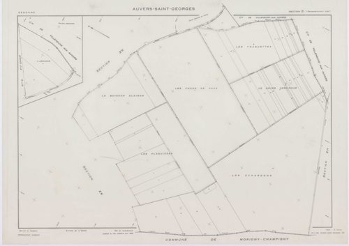 AUVERS-SAINT-GEORGES, plans minutes de conservation : tableau d'assemblage,1963, Ech. 1/10000 ; plans des sections D1, D2, F, G, 1963, Ech. 1/2500, sections AB, AC, ZA, ZD, 1963, Ech. 1/1000, sections AD, ZB, ZC, ZE, ZH, ZI, ZK, 1963, Ech. 1/2000. Polyest