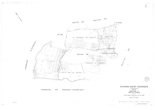AUVERS-SAINT-GEORGES.- Cadastre révisé pour 1963 : plan du tableau d'assemblage, plans de la section AB, section AC, section AD, section D 1ère feuille, section D 2ème feuille, section F, section G, section ZA, section ZB, section ZC, section ZD, section 