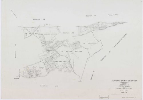 AUVERS-SAINT-GEORGES, plans minutes de conservation : tableau d'assemblage,1963, Ech. 1/10000 ; plans des sections D1, D2, F, G, 1963, Ech. 1/2500, sections AB, AC, ZA, ZD, 1963, Ech. 1/1000, sections AD, ZB, ZC, ZE, ZH, ZI, ZK, 1963, Ech. 1/2000. Polyest