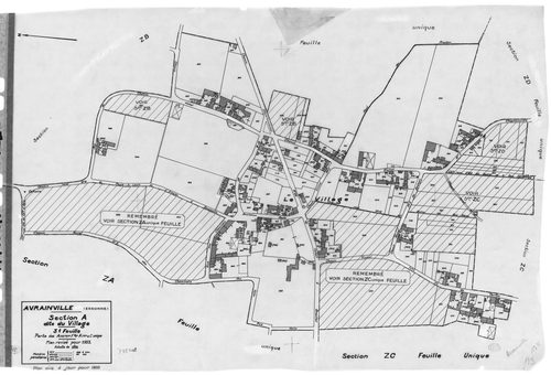 AVRAINVILLE. - Cadastre révisé pour 1933 : plan de la section B la Motte 1ère feuille ; cadastre révisé pour 1933 mis à jour pour 1955 : plans de la section A le Village 3ème feuille, section D les Bois Blancs ; cadastre renouvelé pour 1955 : plans de la 