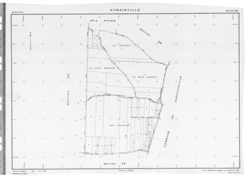 AVRAINVILLE. - Cadastre révisé pour 1933 : plan de la section B la Motte 1ère feuille ; cadastre révisé pour 1933 mis à jour pour 1955 : plans de la section A le Village 3ème feuille, section D les Bois Blancs ; cadastre renouvelé pour 1955 : plans de la 