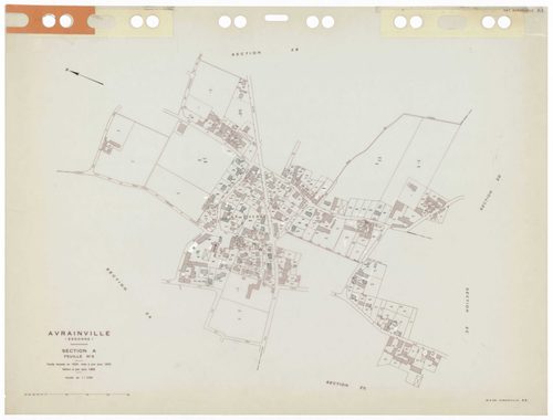 AVRAINVILLE, plans minutes de conservation : tableau d'assemblage,1933, Ech. 1/5000 ; plans des sections Du, 1933, Ech. 1/2500, section A3, 1933, Ech. 1/1250, sections ZA, ZB, ZC, ZD, ZE, 1955, Ech. 1/2500. Polyester. N et B. Dim. 105 x 80 cm [8 plans]. 