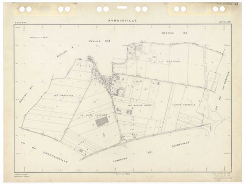 AVRAINVILLE, plans minutes de conservation : tableau d'assemblage,1933, Ech. 1/5000 ; plans des sections Du, 1933, Ech. 1/2500, section A3, 1933, Ech. 1/1250, sections ZA, ZB, ZC, ZD, ZE, 1955, Ech. 1/2500. Polyester. N et B. Dim. 105 x 80 cm [8 plans]. 