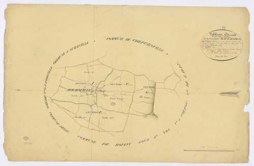 AVRAINVILLE. - Plan d'assemblage, ech. 1/10000, coul., aquarelle, papier, 67x103 (1820). 