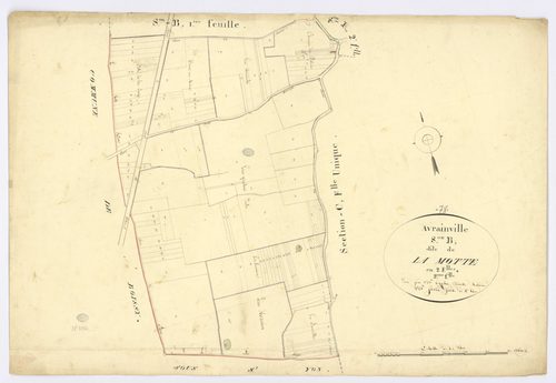 AVRAINVILLE. - Section B - Motte (la), 2, ech. 1/2500, coul., aquarelle, papier, 68x99 (1820). 