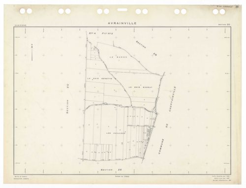 AVRAINVILLE, plans minutes de conservation : tableau d'assemblage,1933, Ech. 1/5000 ; plans des sections Du, 1933, Ech. 1/2500, section A3, 1933, Ech. 1/1250, sections ZA, ZB, ZC, ZD, ZE, 1955, Ech. 1/2500. Polyester. N et B. Dim. 105 x 80 cm [8 plans]. 