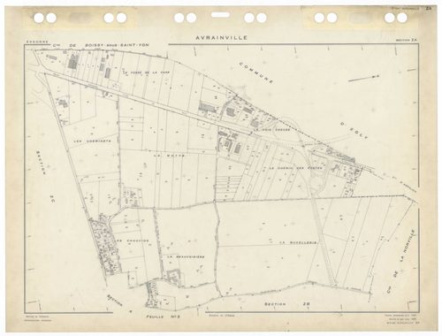 AVRAINVILLE, plans minutes de conservation : tableau d'assemblage,1933, Ech. 1/5000 ; plans des sections Du, 1933, Ech. 1/2500, section A3, 1933, Ech. 1/1250, sections ZA, ZB, ZC, ZD, ZE, 1955, Ech. 1/2500. Polyester. N et B. Dim. 105 x 80 cm [8 plans]. 