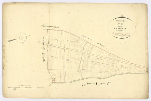 AVRAINVILLE. - Section B - Motte (la), 1, ech. 1/2500, coul., aquarelle, papier, 68x102 (1820). 