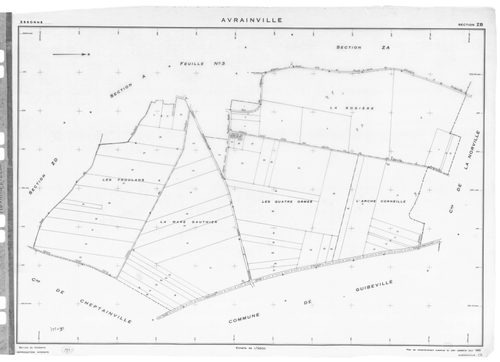 AVRAINVILLE. - Cadastre révisé pour 1933 : plan de la section B la Motte 1ère feuille ; cadastre révisé pour 1933 mis à jour pour 1955 : plans de la section A le Village 3ème feuille, section D les Bois Blancs ; cadastre renouvelé pour 1955 : plans de la 