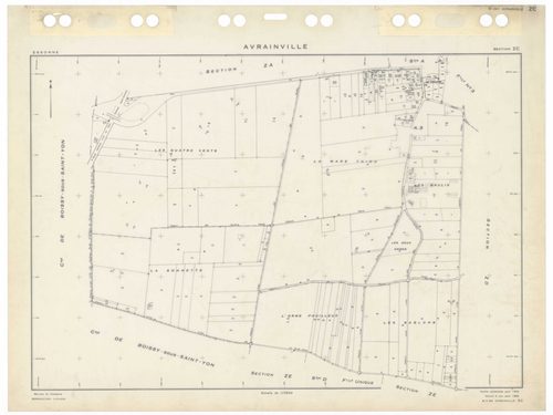 AVRAINVILLE, plans minutes de conservation : tableau d'assemblage,1933, Ech. 1/5000 ; plans des sections Du, 1933, Ech. 1/2500, section A3, 1933, Ech. 1/1250, sections ZA, ZB, ZC, ZD, ZE, 1955, Ech. 1/2500. Polyester. N et B. Dim. 105 x 80 cm [8 plans]. 