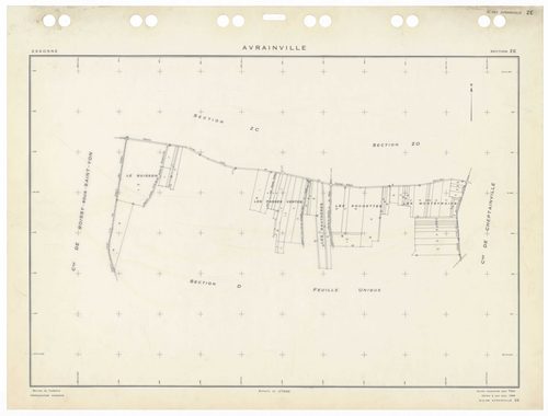 AVRAINVILLE, plans minutes de conservation : tableau d'assemblage,1933, Ech. 1/5000 ; plans des sections Du, 1933, Ech. 1/2500, section A3, 1933, Ech. 1/1250, sections ZA, ZB, ZC, ZD, ZE, 1955, Ech. 1/2500. Polyester. N et B. Dim. 105 x 80 cm [8 plans]. 