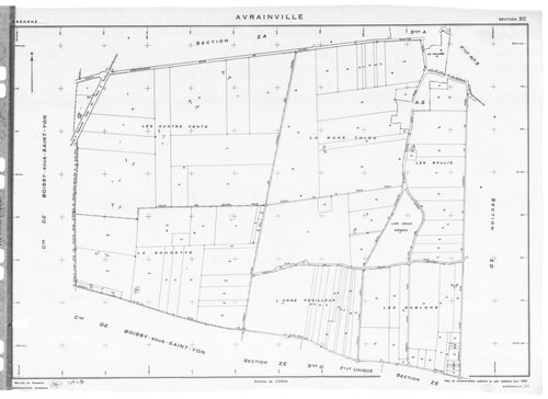 AVRAINVILLE. - Cadastre révisé pour 1933 : plan de la section B la Motte 1ère feuille ; cadastre révisé pour 1933 mis à jour pour 1955 : plans de la section A le Village 3ème feuille, section D les Bois Blancs ; cadastre renouvelé pour 1955 : plans de la 