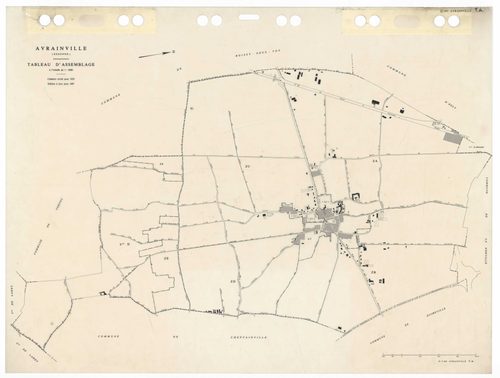 AVRAINVILLE, plans minutes de conservation : tableau d'assemblage,1933, Ech. 1/5000 ; plans des sections Du, 1933, Ech. 1/2500, section A3, 1933, Ech. 1/1250, sections ZA, ZB, ZC, ZD, ZE, 1955, Ech. 1/2500. Polyester. N et B. Dim. 105 x 80 cm [8 plans]. 