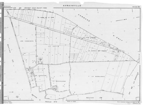 AVRAINVILLE. - Cadastre révisé pour 1933 : plan de la section B la Motte 1ère feuille ; cadastre révisé pour 1933 mis à jour pour 1955 : plans de la section A le Village 3ème feuille, section D les Bois Blancs ; cadastre renouvelé pour 1955 : plans de la 