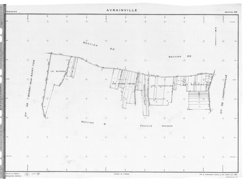 AVRAINVILLE. - Cadastre révisé pour 1933 : plan de la section B la Motte 1ère feuille ; cadastre révisé pour 1933 mis à jour pour 1955 : plans de la section A le Village 3ème feuille, section D les Bois Blancs ; cadastre renouvelé pour 1955 : plans de la 