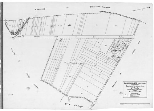 BALLAINVILLIERS .- Cadastre révisé pour 1935 : plan du tableau d'assemblage , plans de la section A les Grands Champs 1ère feuille, idem 2ème feuille, section B le Village, section C le Poirier Cadard , section D Villebouzin, [6 plans]. 