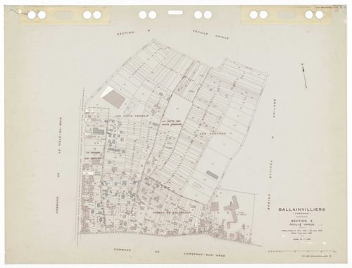 BALLAINVILLIERS, plans minutes de conservation : tableau d'assemblage,1935, Ech. 1/5000 ; plans des sections Bu, Eu, 1935, Ech. 1/1250, sections Au, Cu, Du, 1953, Ech. 1/2000. Polyester. N et B. Dim. 105 x 80 cm [6 plans]. 