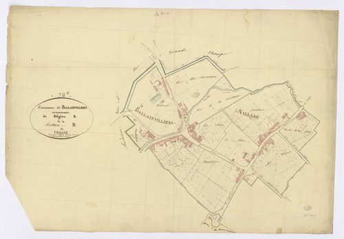 BALLAINVILLIERS. - Section B - Village (le), (Développement du polygone B de la section A), ech. 1/1250, coul., aquarelle, papier, 66x95 (1811). 