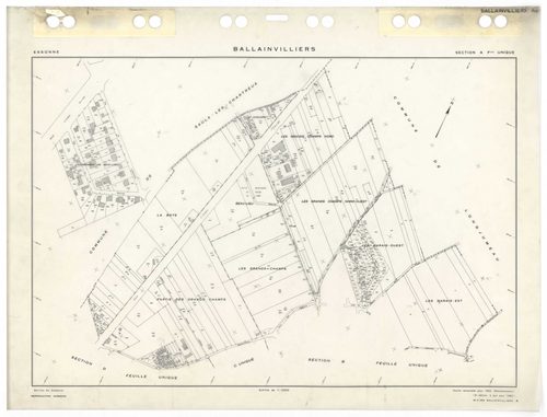 BALLAINVILLIERS, plans minutes de conservation : tableau d'assemblage,1935, Ech. 1/5000 ; plans des sections Bu, Eu, 1935, Ech. 1/1250, sections Au, Cu, Du, 1953, Ech. 1/2000. Polyester. N et B. Dim. 105 x 80 cm [6 plans]. 