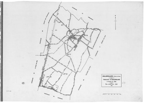 BALLAINVILLIERS .- Cadastre révisé pour 1935 : plan du tableau d'assemblage , plans de la section A les Grands Champs 1ère feuille, idem 2ème feuille, section B le Village, section C le Poirier Cadard , section D Villebouzin, [6 plans]. 