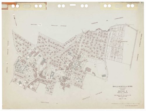 BALLAINVILLIERS, plans minutes de conservation : tableau d'assemblage,1935, Ech. 1/5000 ; plans des sections Bu, Eu, 1935, Ech. 1/1250, sections Au, Cu, Du, 1953, Ech. 1/2000. Polyester. N et B. Dim. 105 x 80 cm [6 plans]. 