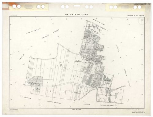 BALLAINVILLIERS, plans minutes de conservation : tableau d'assemblage,1935, Ech. 1/5000 ; plans des sections Bu, Eu, 1935, Ech. 1/1250, sections Au, Cu, Du, 1953, Ech. 1/2000. Polyester. N et B. Dim. 105 x 80 cm [6 plans]. 