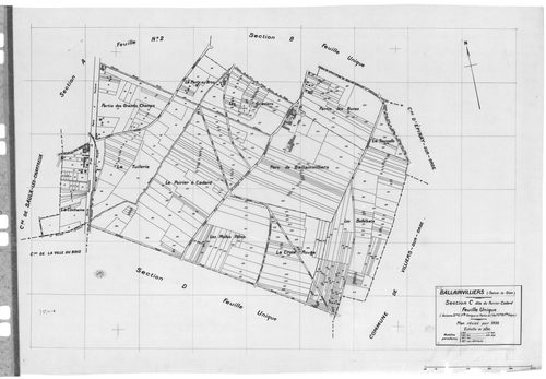 BALLAINVILLIERS .- Cadastre révisé pour 1935 : plan du tableau d'assemblage , plans de la section A les Grands Champs 1ère feuille, idem 2ème feuille, section B le Village, section C le Poirier Cadard , section D Villebouzin, [6 plans]. 
