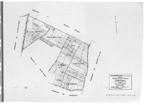 BALLAINVILLIERS .- Cadastre révisé pour 1935 : plan du tableau d'assemblage , plans de la section A les Grands Champs 1ère feuille, idem 2ème feuille, section B le Village, section C le Poirier Cadard , section D Villebouzin, [6 plans]. 