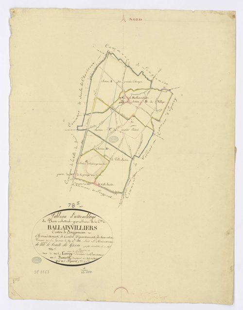 BALLAINVILLIERS. - Plan d'assemblage, ech. 1/10000, coul., aquarelle, papier, 66x51 (1811). 