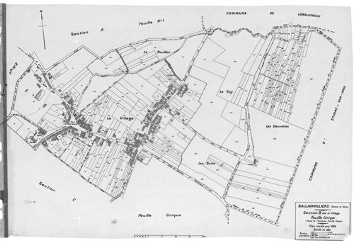 BALLAINVILLIERS .- Cadastre révisé pour 1935 : plan du tableau d'assemblage , plans de la section A les Grands Champs 1ère feuille, idem 2ème feuille, section B le Village, section C le Poirier Cadard , section D Villebouzin, [6 plans]. 