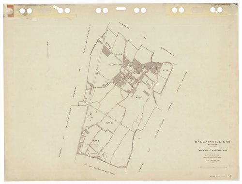 BALLAINVILLIERS, plans minutes de conservation : tableau d'assemblage,1935, Ech. 1/5000 ; plans des sections Bu, Eu, 1935, Ech. 1/1250, sections Au, Cu, Du, 1953, Ech. 1/2000. Polyester. N et B. Dim. 105 x 80 cm [6 plans]. 