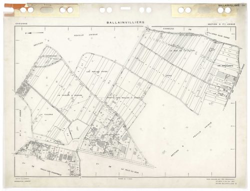 BALLAINVILLIERS, plans minutes de conservation : tableau d'assemblage,1935, Ech. 1/5000 ; plans des sections Bu, Eu, 1935, Ech. 1/1250, sections Au, Cu, Du, 1953, Ech. 1/2000. Polyester. N et B. Dim. 105 x 80 cm [6 plans]. 