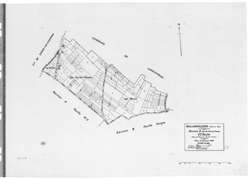 BALLAINVILLIERS .- Cadastre révisé pour 1935 : plan du tableau d'assemblage , plans de la section A les Grands Champs 1ère feuille, idem 2ème feuille, section B le Village, section C le Poirier Cadard , section D Villebouzin, [6 plans]. 