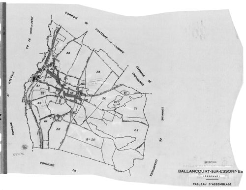BALLANCOURT. - Cadastre révisé pour 1945 : plan du tableau d'assemblage, plans de la section B le Saussay 1ère feuille, idem 2ème feuille, idem 3ème feuille, section C la Vallée 1ère feuille, idem 2ème feuille ; cadastre révisé pour 1945 mis à jour pour 1