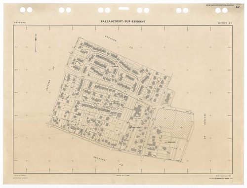 BALLANCOURT, plans minutes de conservation : tableau d'assemblage,1988, Ech. 1/10000 ; plans des sections AA, AB, AD, AN, AO, AP, AR, AS, AT, AV, AW, AX, AY, AZ, BA, BC, BD, 1988, Ech. 1/1000, sections AE, AH, AI, AM, 1988, Ech. 1/2000, sections ZA, ZB, Z
