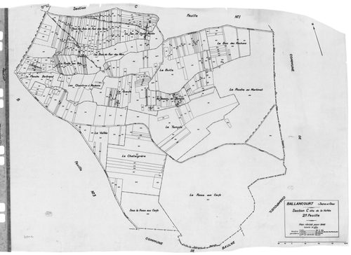 BALLANCOURT. - Cadastre révisé pour 1945 : plan du tableau d'assemblage, plans de la section B le Saussay 1ère feuille, idem 2ème feuille, idem 3ème feuille, section C la Vallée 1ère feuille, idem 2ème feuille ; cadastre révisé pour 1945 mis à jour pour 1