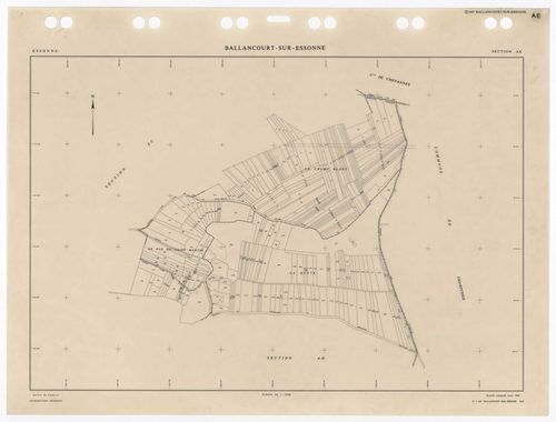 BALLANCOURT, plans minutes de conservation : tableau d'assemblage,1988, Ech. 1/10000 ; plans des sections AA, AB, AD, AN, AO, AP, AR, AS, AT, AV, AW, AX, AY, AZ, BA, BC, BD, 1988, Ech. 1/1000, sections AE, AH, AI, AM, 1988, Ech. 1/2000, sections ZA, ZB, Z