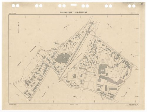 BALLANCOURT, plans minutes de conservation : tableau d'assemblage,1988, Ech. 1/10000 ; plans des sections AA, AB, AD, AN, AO, AP, AR, AS, AT, AV, AW, AX, AY, AZ, BA, BC, BD, 1988, Ech. 1/1000, sections AE, AH, AI, AM, 1988, Ech. 1/2000, sections ZA, ZB, Z