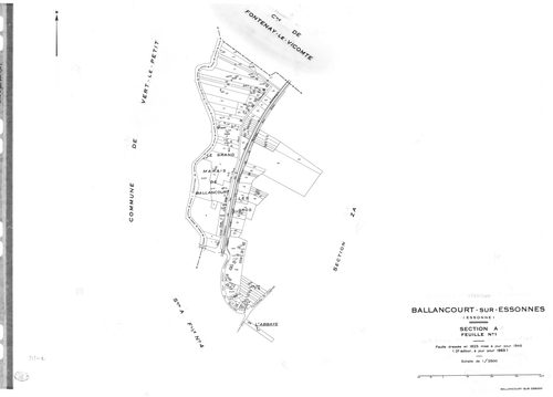 BALLANCOURT. - Cadastre révisé pour 1945 : plan du tableau d'assemblage, plans de la section B le Saussay 1ère feuille, idem 2ème feuille, idem 3ème feuille, section C la Vallée 1ère feuille, idem 2ème feuille ; cadastre révisé pour 1945 mis à jour pour 1