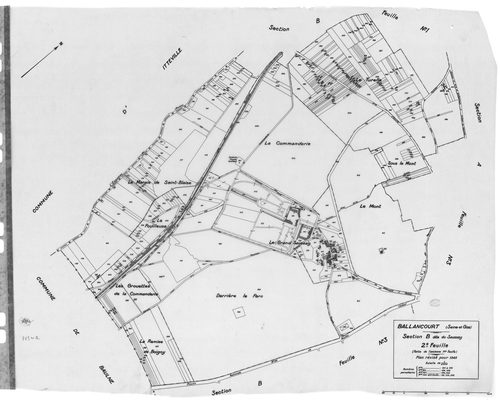 BALLANCOURT. - Cadastre révisé pour 1945 : plan du tableau d'assemblage, plans de la section B le Saussay 1ère feuille, idem 2ème feuille, idem 3ème feuille, section C la Vallée 1ère feuille, idem 2ème feuille ; cadastre révisé pour 1945 mis à jour pour 1