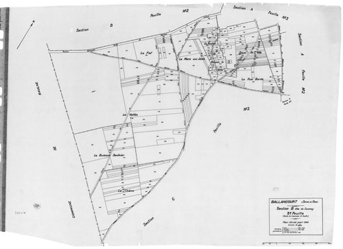 BALLANCOURT. - Cadastre révisé pour 1945 : plan du tableau d'assemblage, plans de la section B le Saussay 1ère feuille, idem 2ème feuille, idem 3ème feuille, section C la Vallée 1ère feuille, idem 2ème feuille ; cadastre révisé pour 1945 mis à jour pour 1