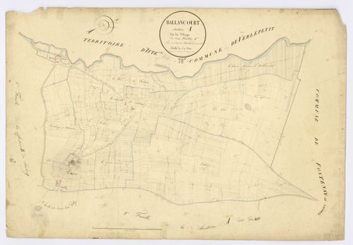 BALLANCOURT-SUR-ESSONNE. - Section A - Village (le), 1, ech. 1/2500, coul., aquarelle, papier, 68x98 (1823). 