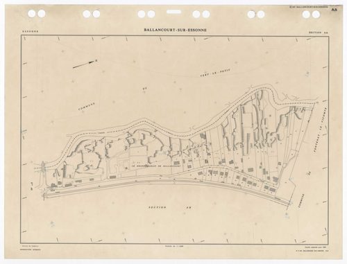 BALLANCOURT, plans minutes de conservation : tableau d'assemblage,1988, Ech. 1/10000 ; plans des sections AA, AB, AD, AN, AO, AP, AR, AS, AT, AV, AW, AX, AY, AZ, BA, BC, BD, 1988, Ech. 1/1000, sections AE, AH, AI, AM, 1988, Ech. 1/2000, sections ZA, ZB, Z