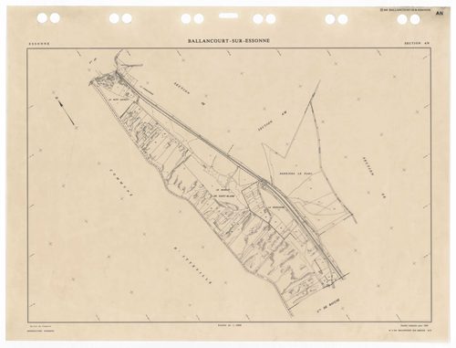 BALLANCOURT, plans minutes de conservation : tableau d'assemblage,1988, Ech. 1/10000 ; plans des sections AA, AB, AD, AN, AO, AP, AR, AS, AT, AV, AW, AX, AY, AZ, BA, BC, BD, 1988, Ech. 1/1000, sections AE, AH, AI, AM, 1988, Ech. 1/2000, sections ZA, ZB, Z