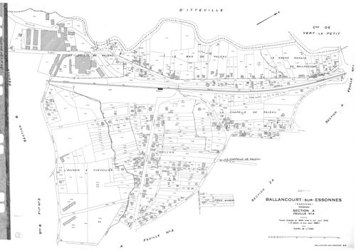 BALLANCOURT. - Cadastre révisé pour 1945 : plan du tableau d'assemblage, plans de la section B le Saussay 1ère feuille, idem 2ème feuille, idem 3ème feuille, section C la Vallée 1ère feuille, idem 2ème feuille ; cadastre révisé pour 1945 mis à jour pour 1