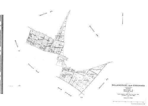 BALLANCOURT. - Cadastre révisé pour 1945 : plan du tableau d'assemblage, plans de la section B le Saussay 1ère feuille, idem 2ème feuille, idem 3ème feuille, section C la Vallée 1ère feuille, idem 2ème feuille ; cadastre révisé pour 1945 mis à jour pour 1