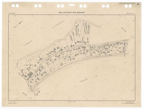 BALLANCOURT, plans minutes de conservation : tableau d'assemblage,1988, Ech. 1/10000 ; plans des sections AA, AB, AD, AN, AO, AP, AR, AS, AT, AV, AW, AX, AY, AZ, BA, BC, BD, 1988, Ech. 1/1000, sections AE, AH, AI, AM, 1988, Ech. 1/2000, sections ZA, ZB, Z