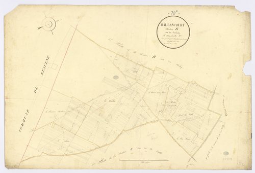 BALLANCOURT-SUR-ESSONNE. - Section B - Saulçay (le), 2, ech. 1/2500, coul., aquarelle, papier, 68x102 (1823). 