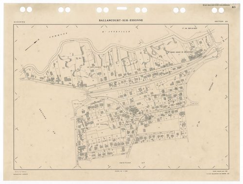 BALLANCOURT, plans minutes de conservation : tableau d'assemblage,1988, Ech. 1/10000 ; plans des sections AA, AB, AD, AN, AO, AP, AR, AS, AT, AV, AW, AX, AY, AZ, BA, BC, BD, 1988, Ech. 1/1000, sections AE, AH, AI, AM, 1988, Ech. 1/2000, sections ZA, ZB, Z