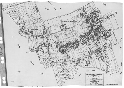 BALLANCOURT. - Cadastre révisé pour 1945 : plan du tableau d'assemblage, plans de la section B le Saussay 1ère feuille, idem 2ème feuille, idem 3ème feuille, section C la Vallée 1ère feuille, idem 2ème feuille ; cadastre révisé pour 1945 mis à jour pour 1